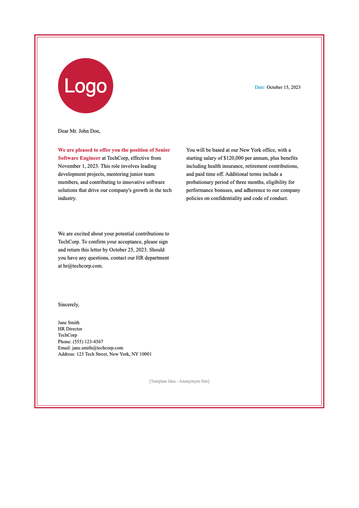 Professional job appointment letter template with placeholder instructions_variant_3